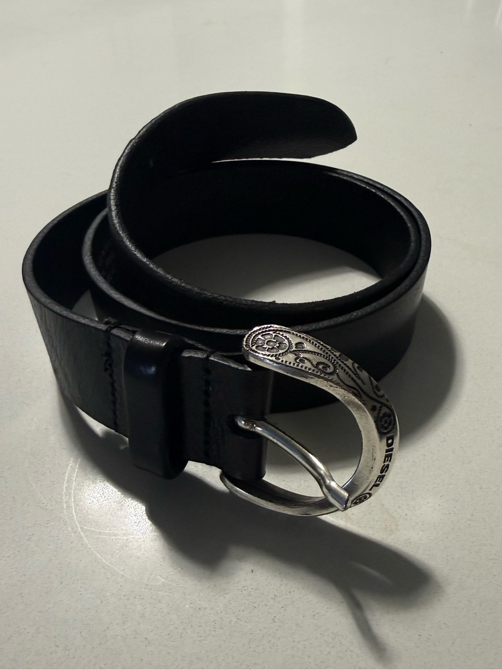 Diesel Black Leather Belt with Silver Ornate Buckle